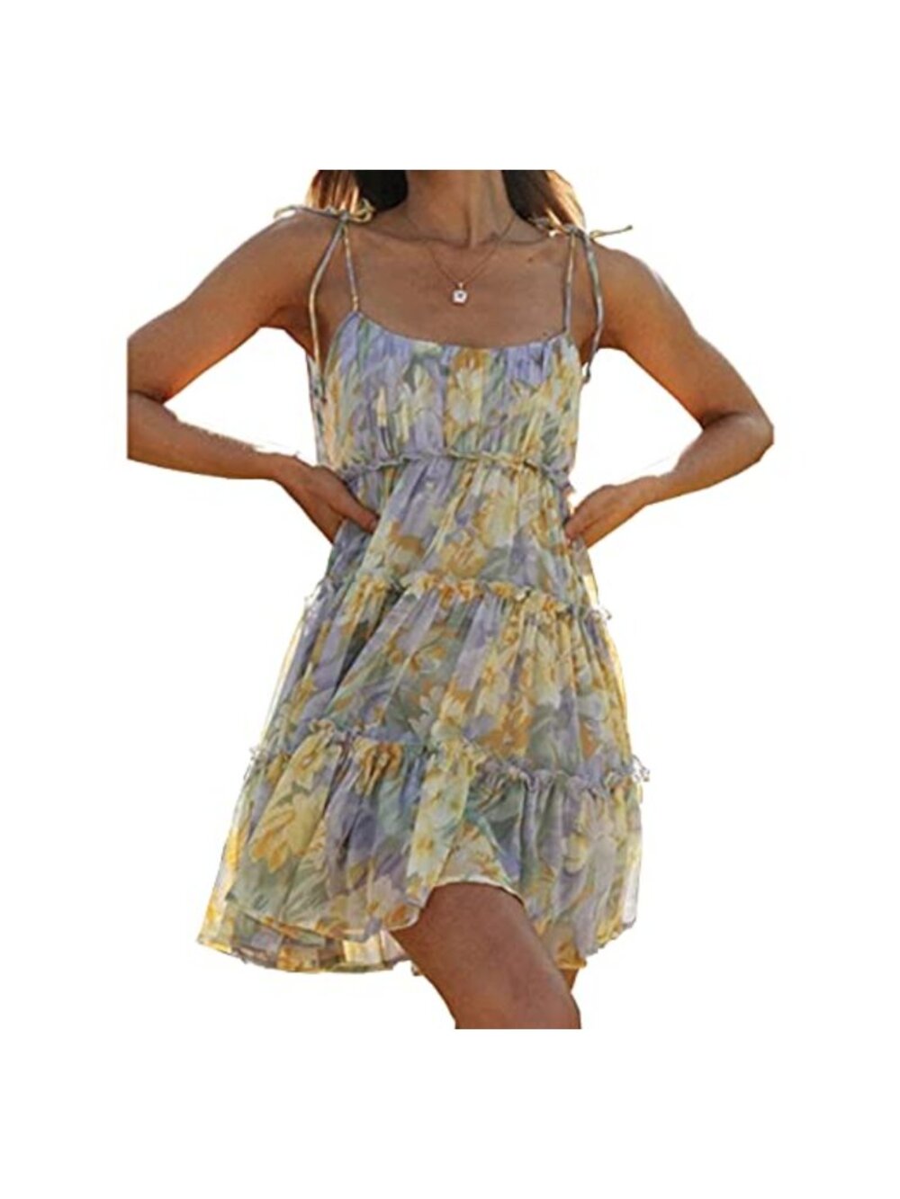 Boho Spaghetti Strap Ruffle Square Neck Backless Sleeveless Flowy Mini Dress